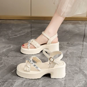 Giày sandal cao gót quai ngang dành cho nữ mùa hè đế dày đế dày bên ngoài dép xăng đan cao cấp thời