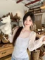 Áo sơ mi dài tay mỏng chấm bi màu trắng thanh lịch, áo hai dây đẹp thời trang