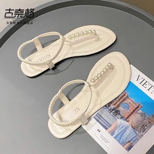 Giày Sandal Nữ Da Đen Cổ La Mã Mùa Hè Đế Bằng Ngọc Trai Mũi Nhọn Giày Nữ Retro Giày Đi Biển