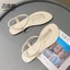 Giày Sandal Nữ Da Đen Cổ La Mã Mùa Hè Đế Bằng Ngọc Trai Mũi Nhọn Giày Nữ Retro Giày Đi Biển