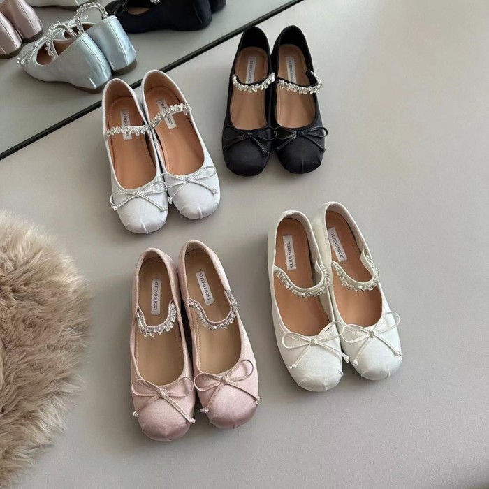 phiên bản kim cương giả cao hơn 5cm Pháp giày ba lê nữ satin nơ nông miệng Mary Jane giày