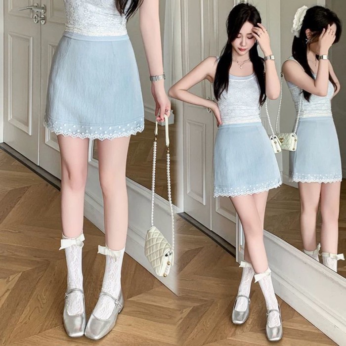 Lan ~ Pure Desire Ren Viền Váy Nữ Phong Cách Mới Xuân Hè Plus Size Béo mm Mặc Bên Ngoài Cao Cấp Chữ a Váy Hông