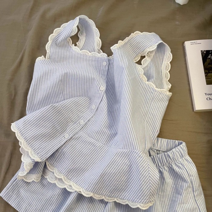 Phong cách mùa hè mới Bộ đồ ngủ có dây đeo sọc đơn giản dành cho nữ, bộ quần short ren nữ tín