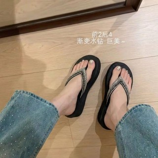 Rhinestone Flip-flops Thick-soled Women's Outer Wear Wedge Heel Black Eva Flip-flops Increase