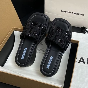 Dép nữ mùa hè Áo khoác ngoài dày đế dày đính hạt màu đen Giày sandal gót nhọn thời trang dành cho n