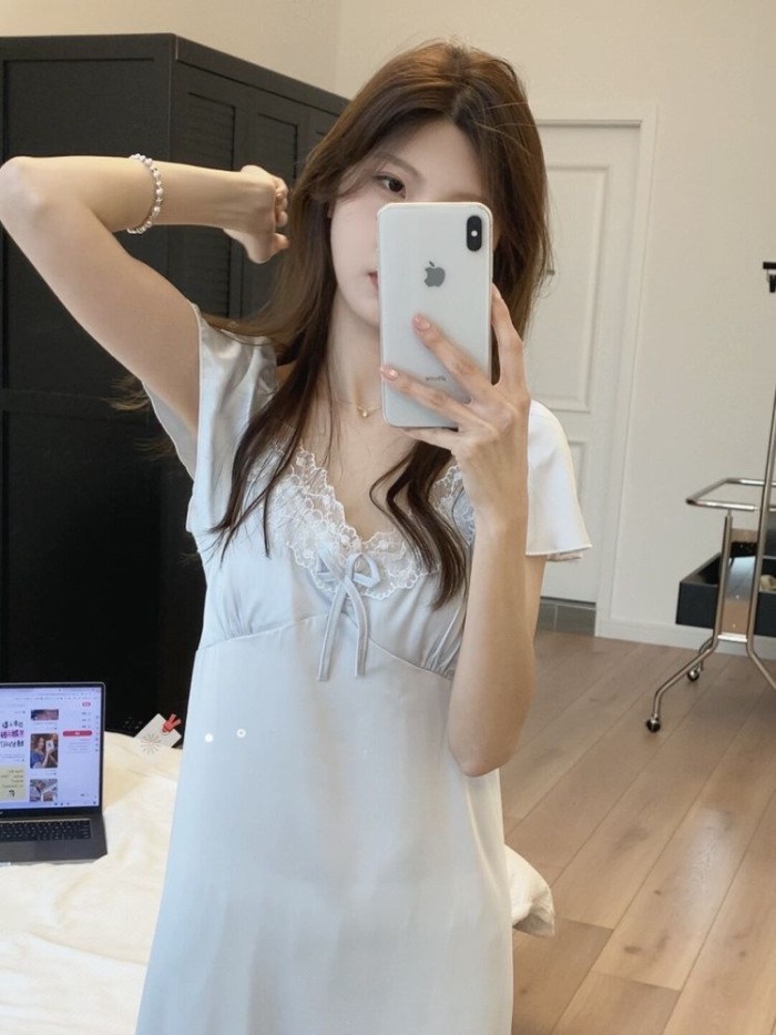 Beautiful Crushed Ice Blue Lace Nightgown For Women Summer Sweet High-end Pajamas Home Wear For