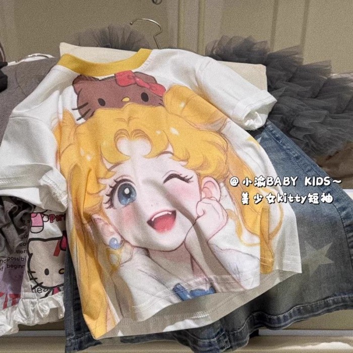 Girls T-shirt Summer New Cartoon Girl Kitty Printed Short-Sleeved Contrast Color Round Neck L