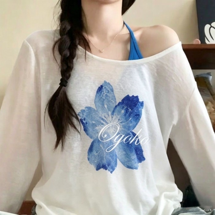 Bộ hai món áo thun che nắng chống nắng  dành cho nữ thoáng khí màu xanh in hình hoa anh đào