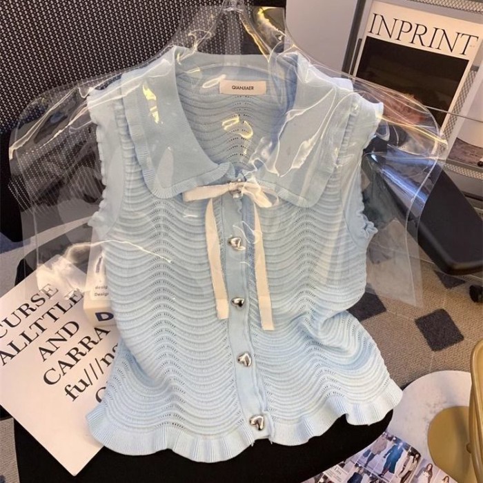 Áo len cổ búp bê nút tình yêu tay bay, áo lụa băng có nơ, áo vest dệt kim dễ thương cho nữ
