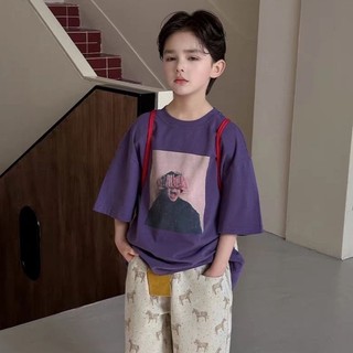 Áo thun ngắn tay bé trai cotton nguyên chất mùa hè phong cách Hàn Quốc dáng rộng mùa hè nửa tay mùa