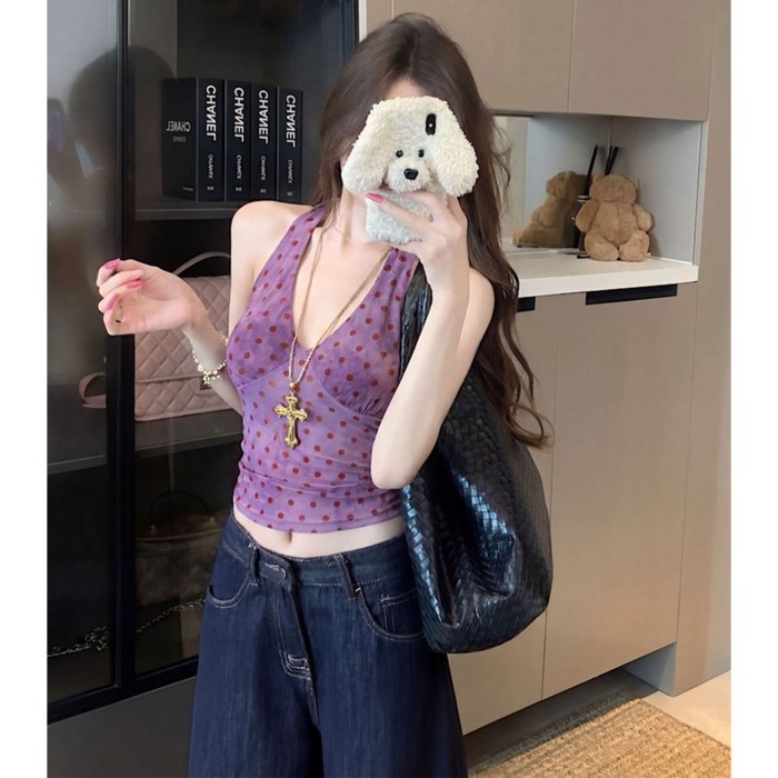 Purple Polka Dot Halter Neck Sleeveless Camisole Women's New Summer Hot Girl Outer Wear Backl