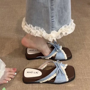 Dép xỏ ngón có ren nơ nêm gót nhọn Dép đế dày mùa hè dành cho nữ để mặc bên ngoài với váy và