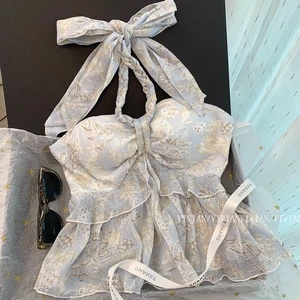 New Beach Wear Halter Neck Yếm Áo sơ mi voan hoa mùa hè cho nữ Thiết kế hàng đầu