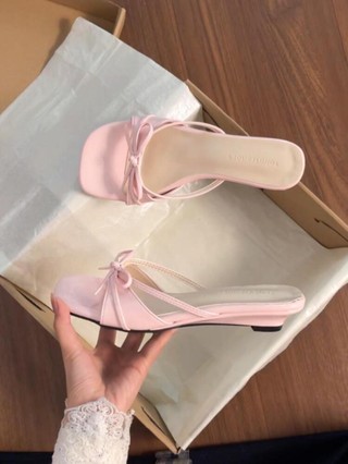 French Nude Bow Slippers For Women Summer Outer Wear New Style With Skirt Wedge Heel Gentle A