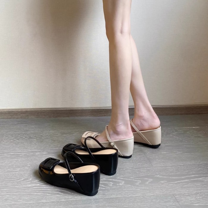 8Cm Chiều Cao Bên Trong Của Người Nhỏ Khóa Vuông Mũi Nửa Dép Nữ Mùa Hè Bên Ngoài Giày Mary Jane