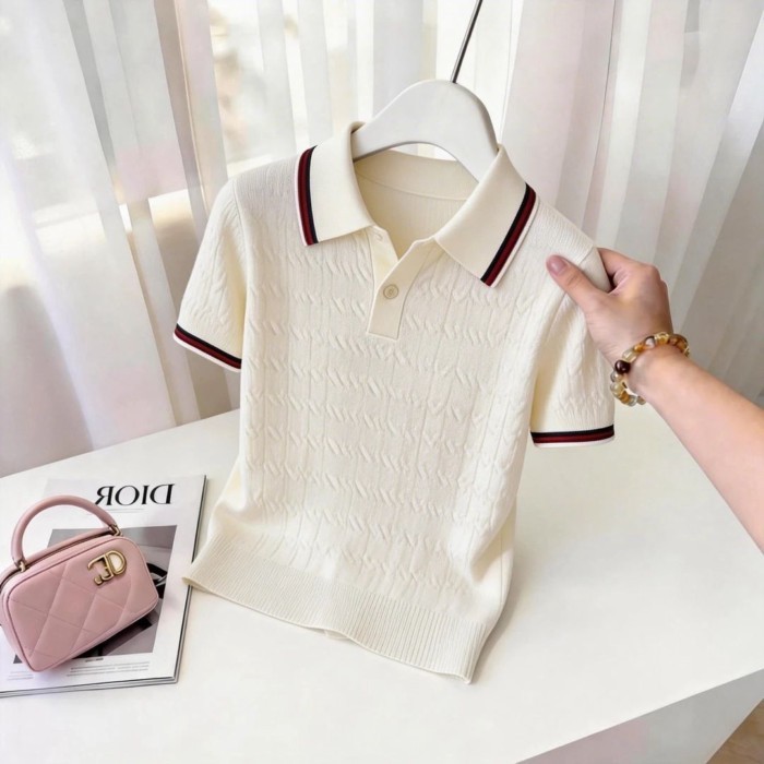 Ice Silk Áo Len Màu Sắc Tương Phản Sọc Ve Áo Nữ Lỏng Lẻo Phong Cách Hàn Quốc Slim Twist Cổ Po