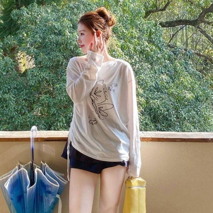 Áo thun dài tay lệch vai in hình bướm theo phong cách retro của Mỹ dành cho nữ mùa hè dáng rộng kiể