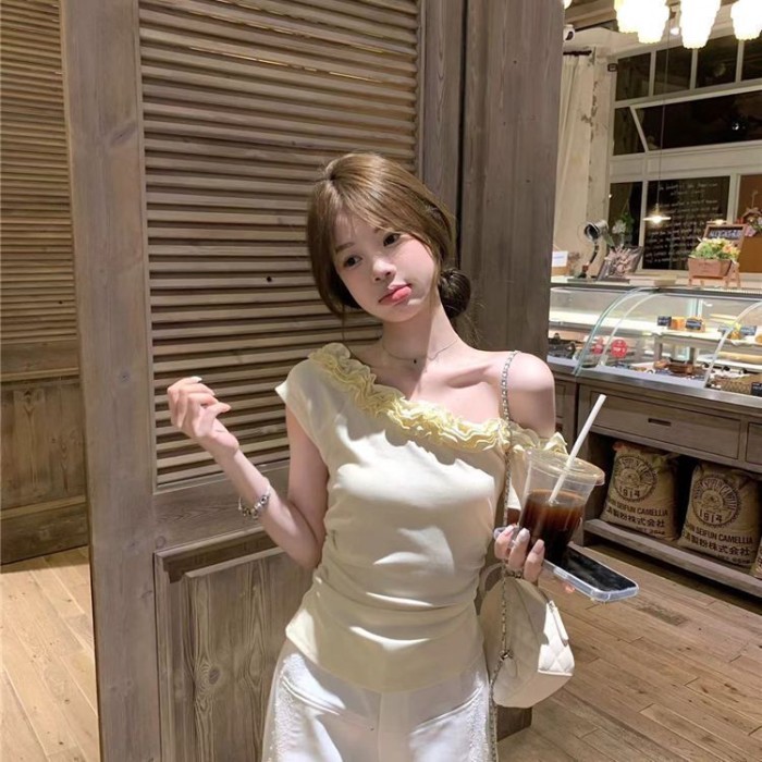 Áo thun ngắn tay lệch vai màu vàng phong cách Hàn Quốc dành cho nữ mùa hè, áo trễ vai lệch va