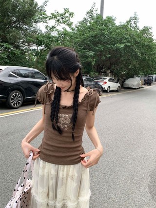 Korean Love Printed Bow Tie Short-sleeved T-shirt Slim Fit Summer Slim New Fashion Versatile