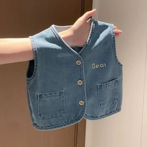 Áo vest denim bé trai, quần áo mùa thu, áo khoác ngoài thời trang cho bé, áo vest trẻ em, quầ
