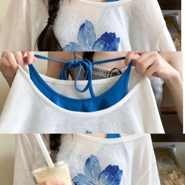 Bộ hai món áo thun che nắng chống nắng  dành cho nữ thoáng khí màu xanh in hình hoa anh đào