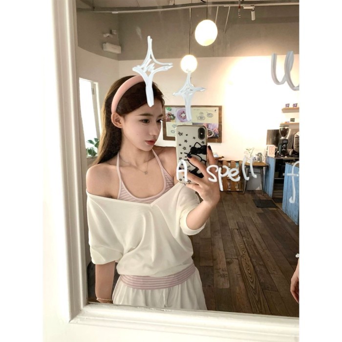 Áo hai mảnh cổ chữ V sọc trắng hồng tinh khiết phong cách Hàn Quốc