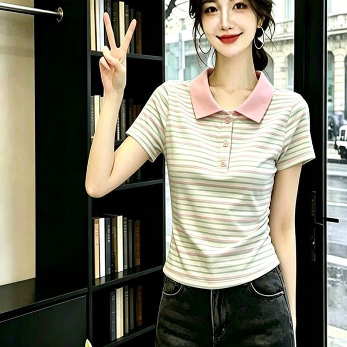 phiên bản Hàn Quốc áo thun sọc mỏng có ve áo màu tương phản mùa hè dành cho nữ kiểu dáng mới to