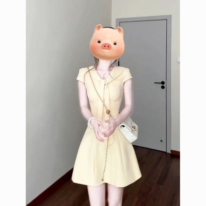 Summer Dopamine Temperament Pear-shaped Slim Dress Women's New Simple Design Waist Navy Colla