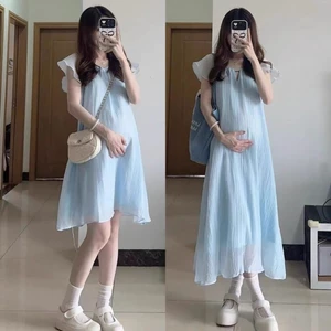 Quần áo bà bầu thời trang mùa hè váy bà bầu tay bay dài váy lưới váy bà bầu mùa hè
