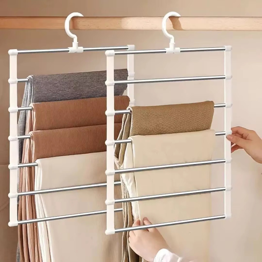 [Hàng có sẵn] 2 Móc treo quần gấp với 7 lớp Bộ sắp xếp lưu trữ đa chức năng Tiết kiệm không gian Móc treo quần chống trượt cho gia đình & ký túc xá