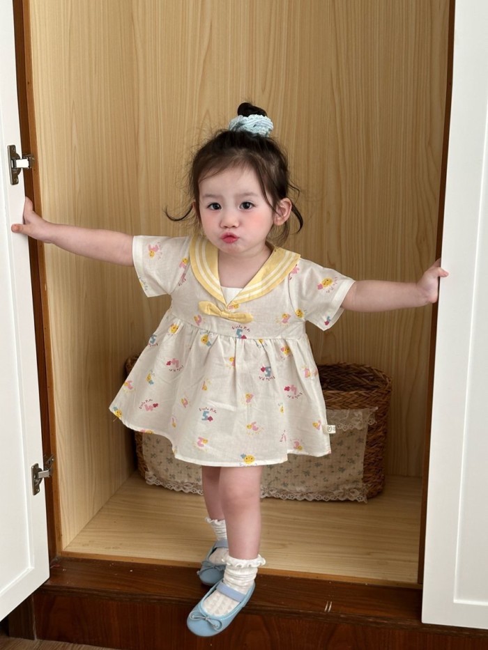 Girls Super Cute Dress New Summer Baby Girl Cute Navy Style Summer Cartoon Short Sleeve Skirt
