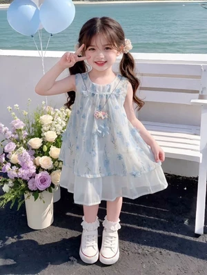 Váy Nữ Mùa Hè Phong Cách Mỏng Áo Vest Không Tay Thời Trang Váy Cho Bé Gái Váy Voan Công Chúa Mới