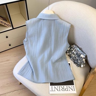 Mùa Hè Pháp Áo Sơ Mi Sọc Không Tay Áo Khoác Ngoài Nữ Áo Niche Chic Đẹp Top