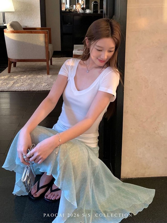French Design Fresh Polka Dot Chiffon Skirt Women's Summer New Temperament Versatile Green Sk
