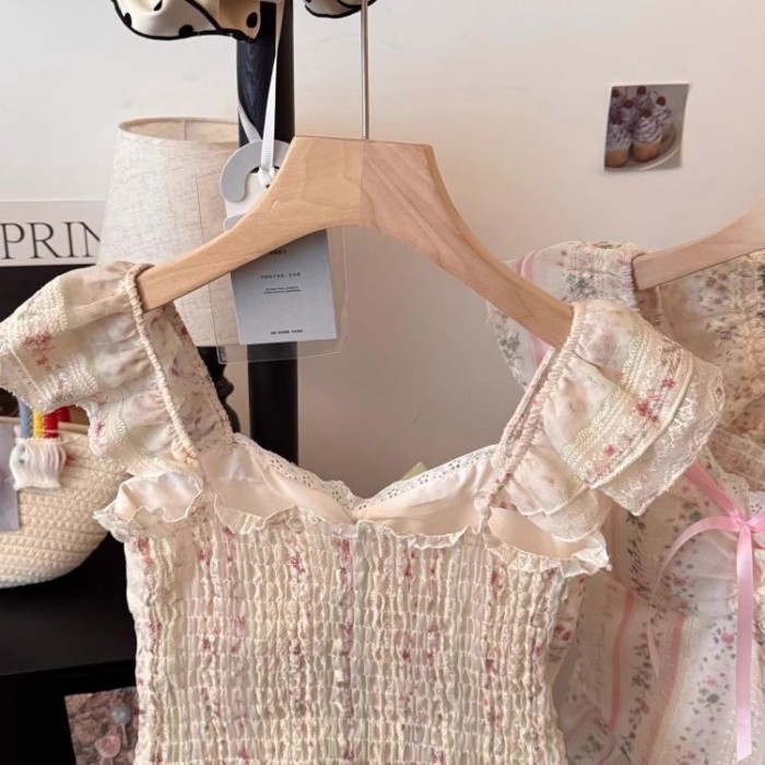 Áo sơ mi ngắn tay nhún bèo ren hoa phong cách ngọt ngào dành cho nữ, áo crop top cổ vuông mùa