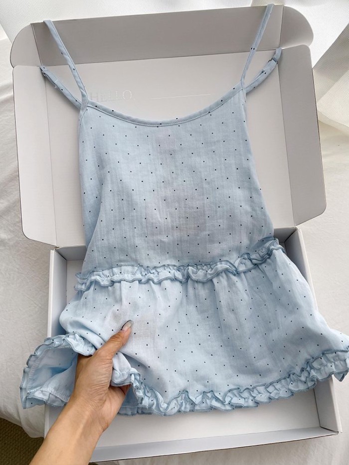 Bộ đồ ngủ có dây đeo in họa tiết chấm bi màu xanh ngọt ngào phong cách Hàn Quốc dành cho nữ m