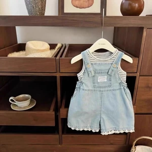 Bé Gái Mùa Hè Phong Cách Mới Bộ Quần Jean Ren Thời Trang Bộ Áo Vest Sọc Bộ Hai Món