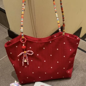 New Korean Style Red Flower Canvas Bag, Contrasting Color Woven Shoulder Bag, Tote Bag, Commuter