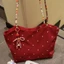 New Korean Style Red Flower Canvas Bag, Contrasting Color Woven Shoulder Bag, Tote Bag, Commuter