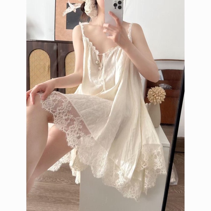 Váy ngủ ren cao cấp phong cách cung điện Pháp dành cho bé gái mùa hè, váy mặc ở nhà rộng rãi