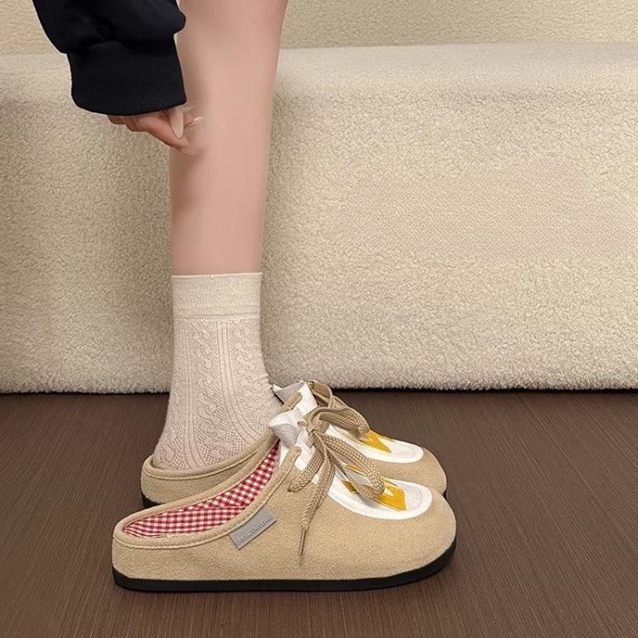 Dopamine Thời Trang Phổ Biến Đế Dày Bao Đầu Dép Nữ Buộc Dây Slip-On Chống Trơn Trượt Đa Năng Dép