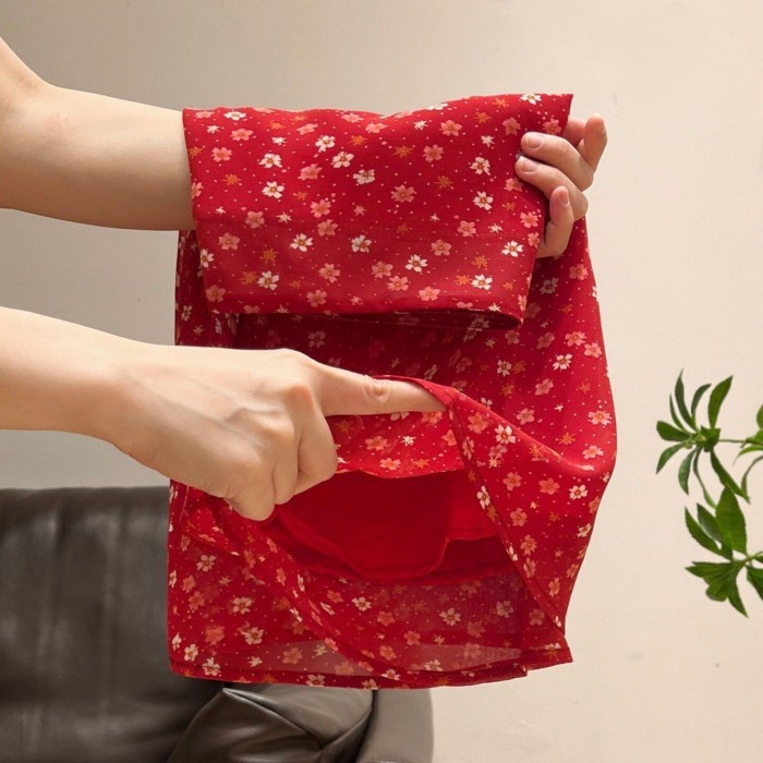 Váy hoa màu đỏ cổ điển Mùa hè dành cho nữ Váy chữ A eo cao mới Váy đi làm