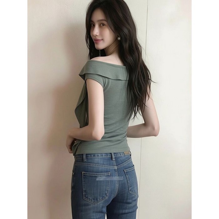Korean Summer New Style Casual Lazy Asymmetrical Design Off-shoulder T-shirt Women's Light Lu