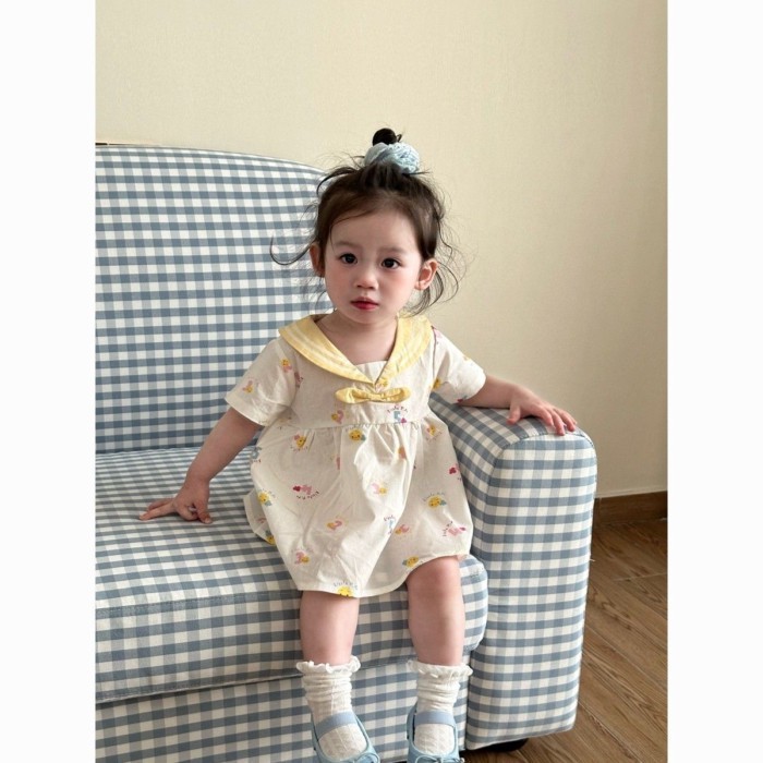 Girls Super Cute Dress New Summer Baby Girl Cute Navy Style Summer Cartoon Short Sleeve Skirt