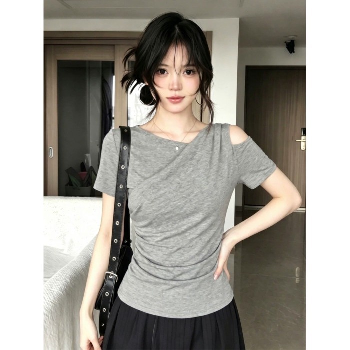 Modal Irregular Sloped Shoulder Short Sleeve T-shirt Women Summer New Slim Waist Short Off-Sh
