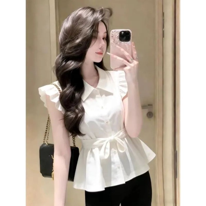 Phong cách Pháp thiết kế xếp ly kiểu Pháp Áo sơ mi không tay mỏng dành cho nữ mùa xuân hè dán
