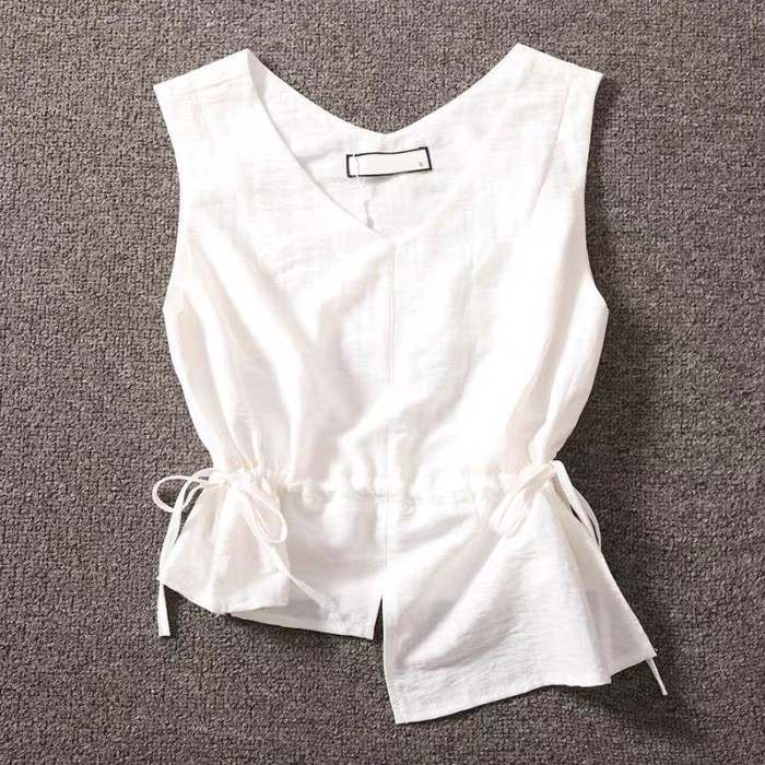 Áo vest không tay cổ chữ V bất đối xứng thắt lưng phong cách Hàn Quốc dành cho nữ mùa hè phon