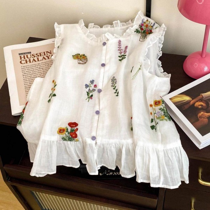 Văn Học Pháp In Áo Vest Nữ Mùa Hè Phong Cách Rừng Phong Cách Nhẹ Nhàng Ngắn Xù Lông Không Tay