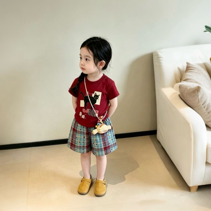Bé Gái Phù Hợp Với Mùa Hè Mới Trẻ Em Ngọt Ngào Phong Cách Nữ Tính In Hình Áo Thun Tay Ngắn Kẻ Sọ