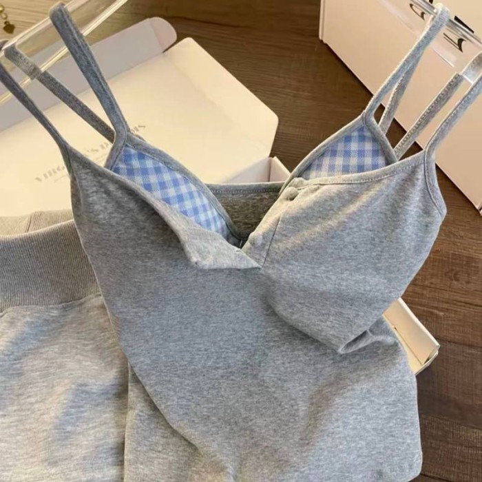 Bộ đồ ngủ có đệm ngực, quần đùi nữ có dây gợi cảm, bộ đồ mặc ở nhà, giả hai mảnh gợi cảm